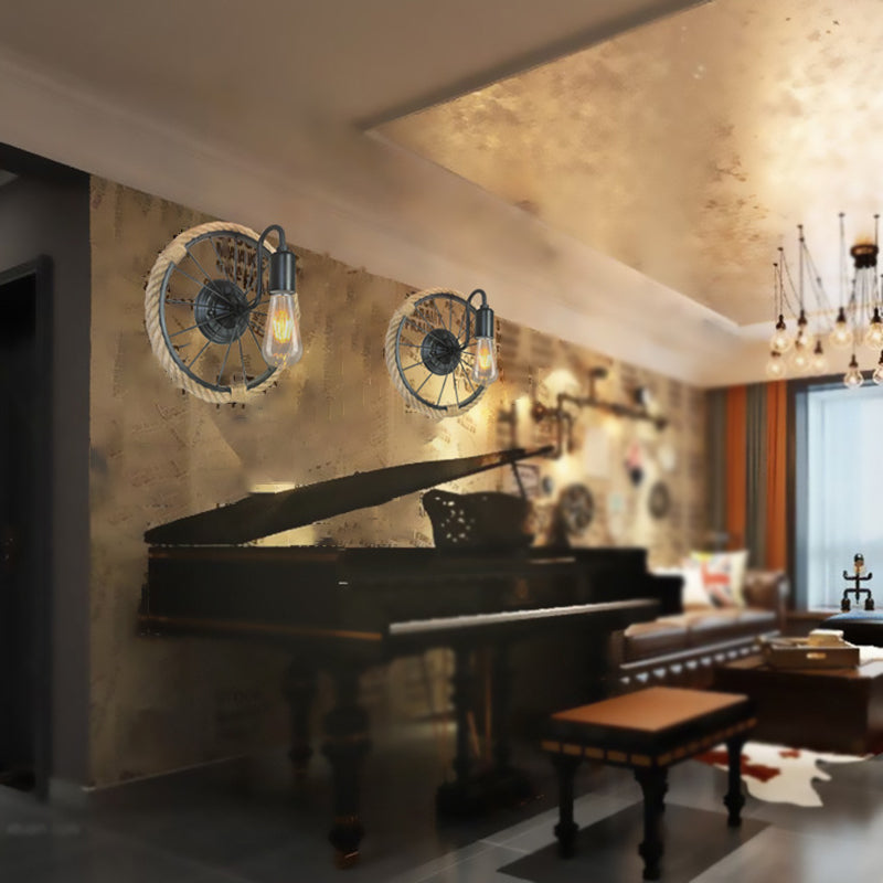 Modern Rope Wall Sconce Circle Shape Metal Wall Light for Bedroom in Black