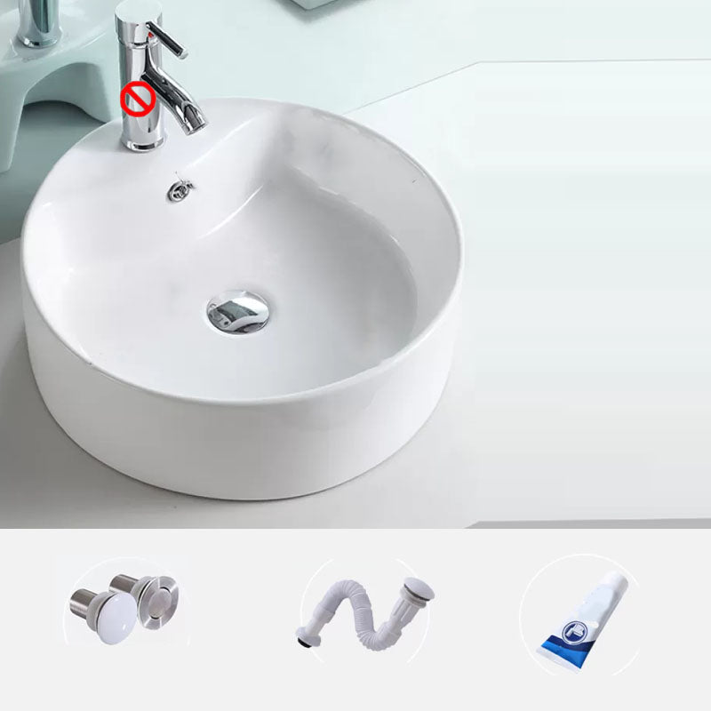 Bathroom Sink White Ceramic Faucet Single Handle Round Shape Sink