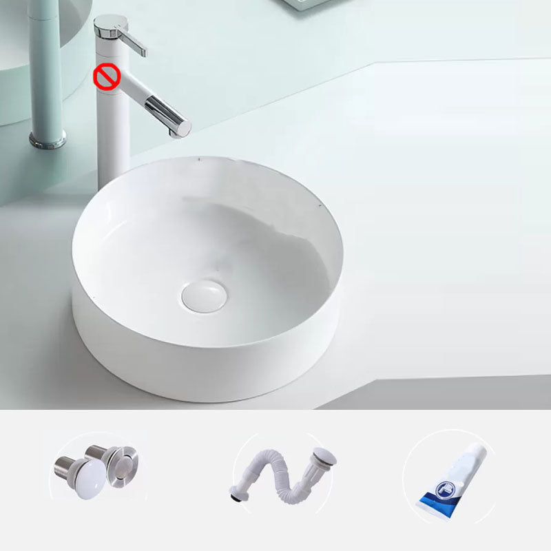 Bathroom Sink White Ceramic Faucet Single Handle Round Shape Sink