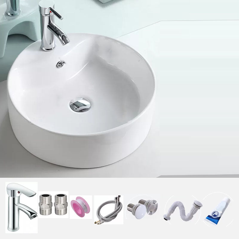 Bathroom Sink White Ceramic Faucet Single Handle Round Shape Sink