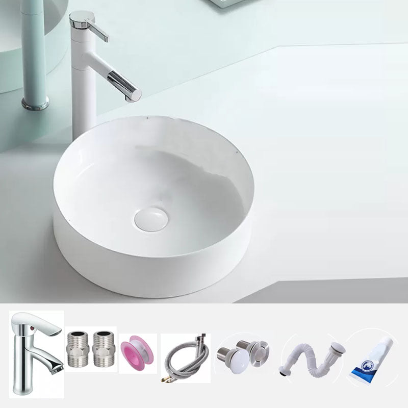 Bathroom Sink White Ceramic Faucet Single Handle Round Shape Sink