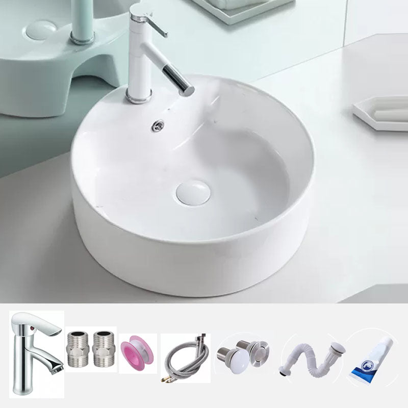 Bathroom Sink White Ceramic Faucet Single Handle Round Shape Sink