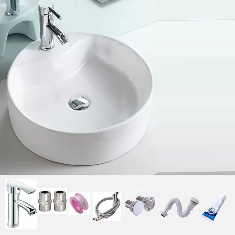 Bathroom Sink White Ceramic Faucet Single Handle Round Shape Sink