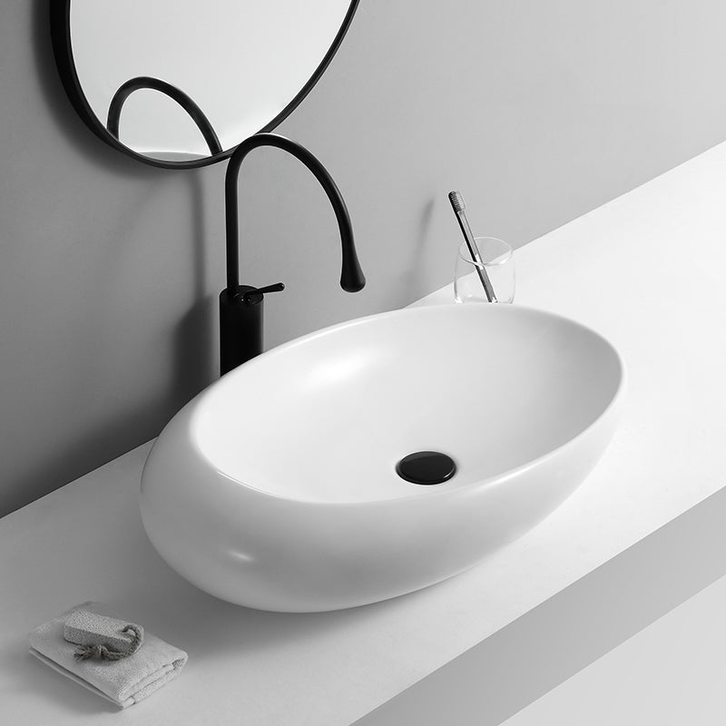 Contemporary Bathroom Sink with Pop-Up Drain Porcelain Oval-Shape Vessel Lavatory Sink