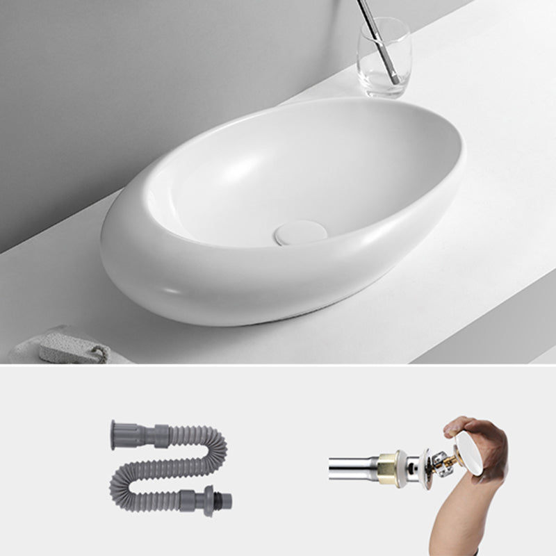 Contemporary Bathroom Sink with Pop-Up Drain Porcelain Oval-Shape Vessel Lavatory Sink