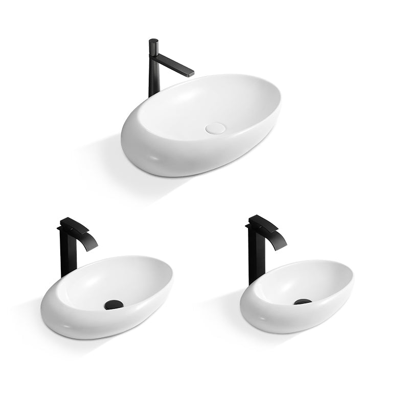 Contemporary Bathroom Sink with Pop-Up Drain Porcelain Oval-Shape Vessel Lavatory Sink
