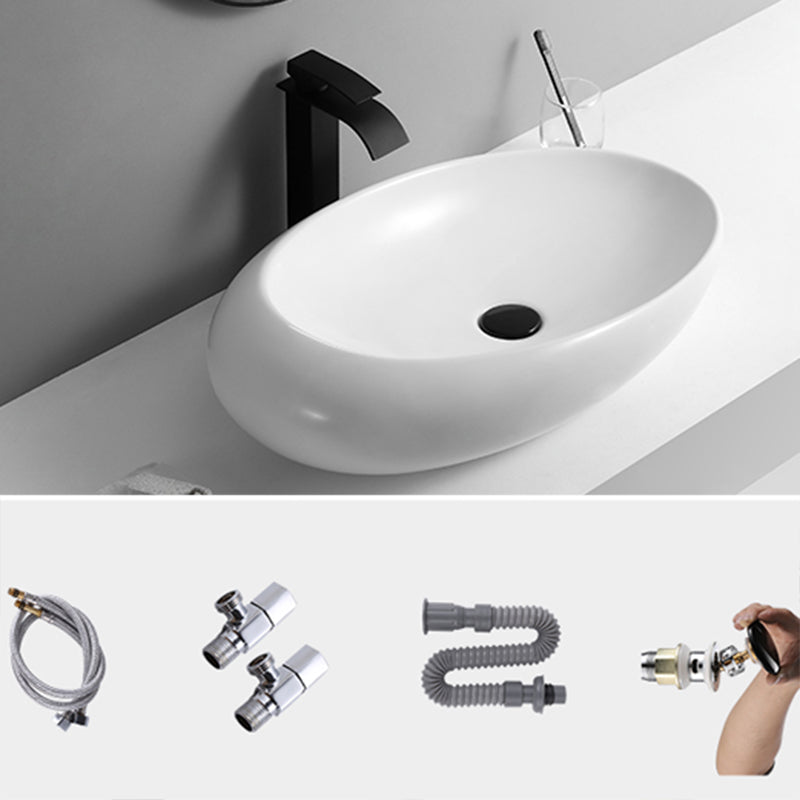 Contemporary Bathroom Sink with Pop-Up Drain Porcelain Oval-Shape Vessel Lavatory Sink