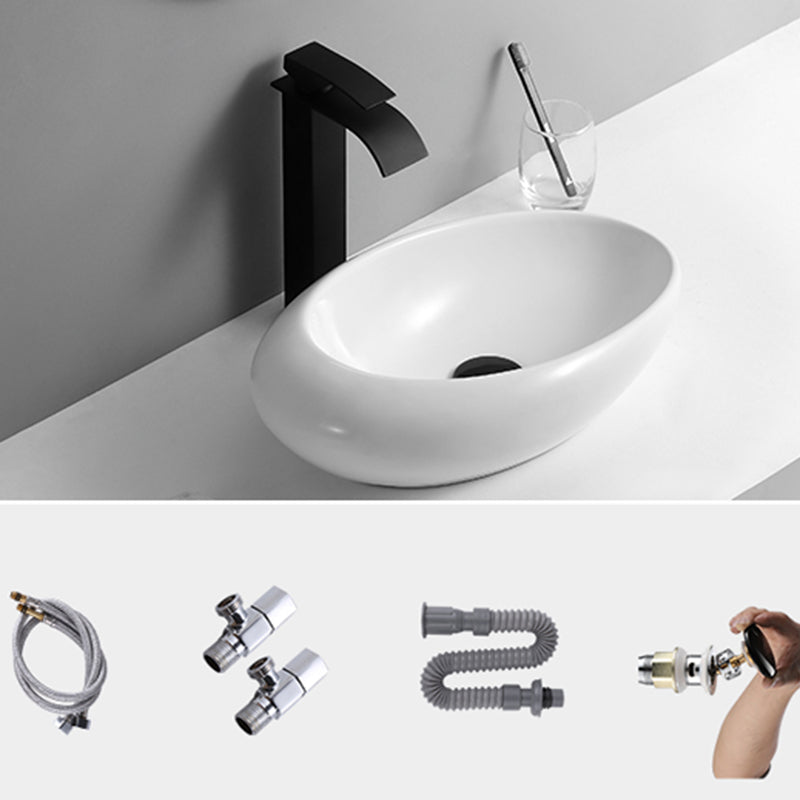 Contemporary Bathroom Sink with Pop-Up Drain Porcelain Oval-Shape Vessel Lavatory Sink