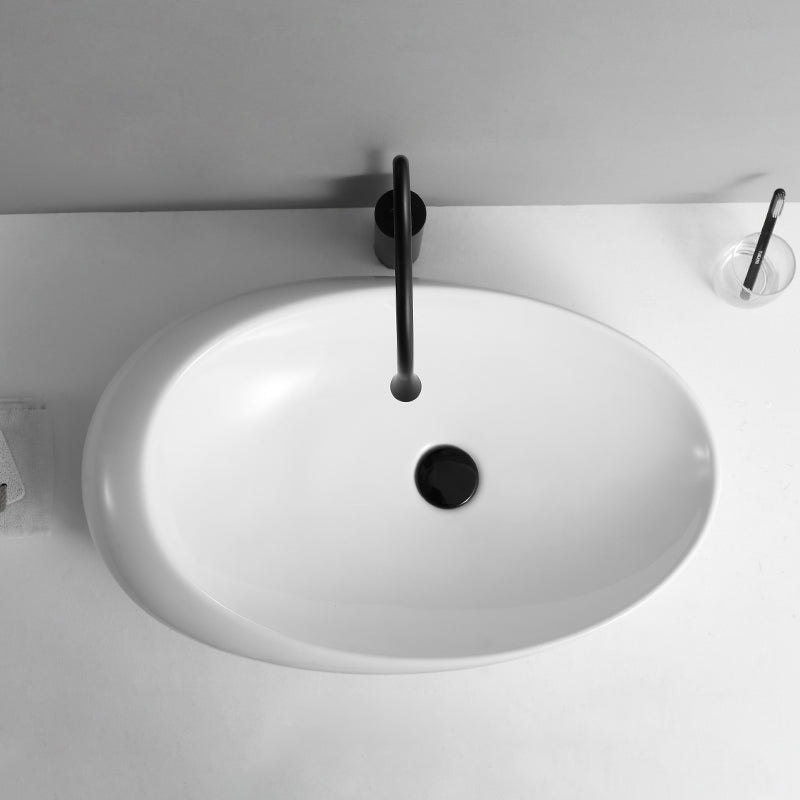 Contemporary Bathroom Sink with Pop-Up Drain Porcelain Oval-Shape Vessel Lavatory Sink