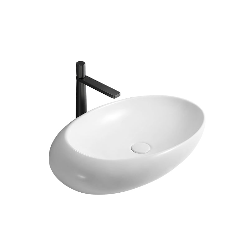 Contemporary Bathroom Sink with Pop-Up Drain Porcelain Oval-Shape Vessel Lavatory Sink