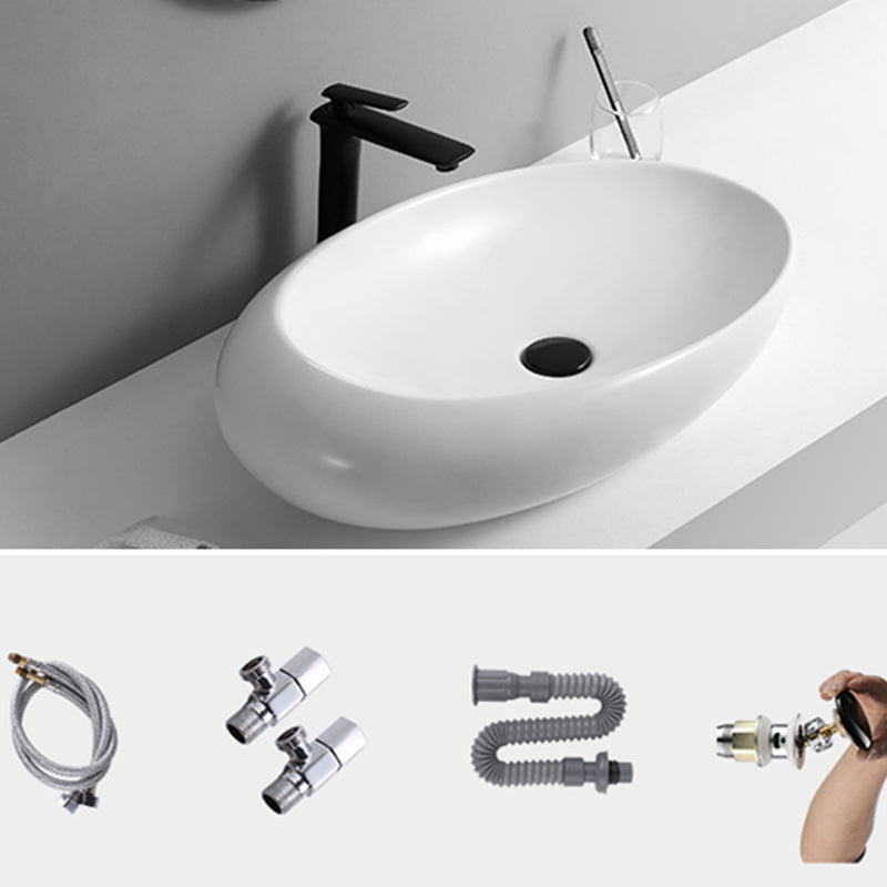 Contemporary Bathroom Sink with Pop-Up Drain Porcelain Oval-Shape Vessel Lavatory Sink