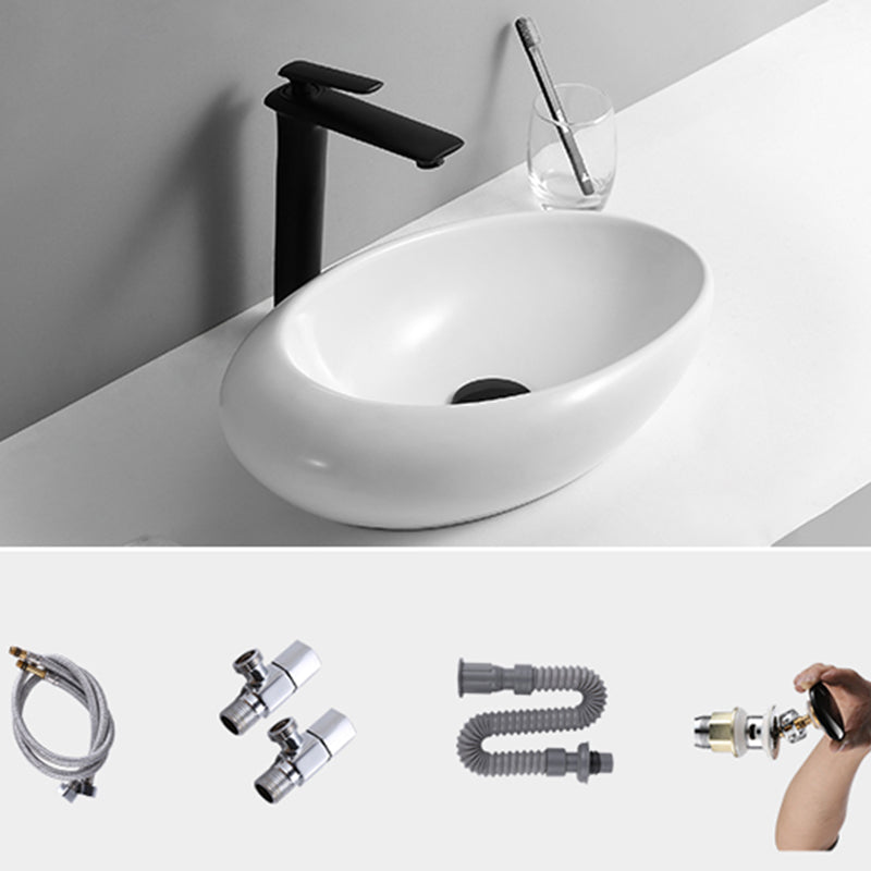 Contemporary Bathroom Sink with Pop-Up Drain Porcelain Oval-Shape Vessel Lavatory Sink