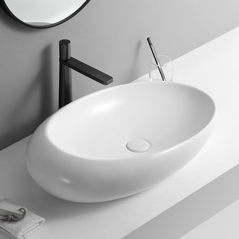 Contemporary Bathroom Sink with Pop-Up Drain Porcelain Oval-Shape Vessel Lavatory Sink