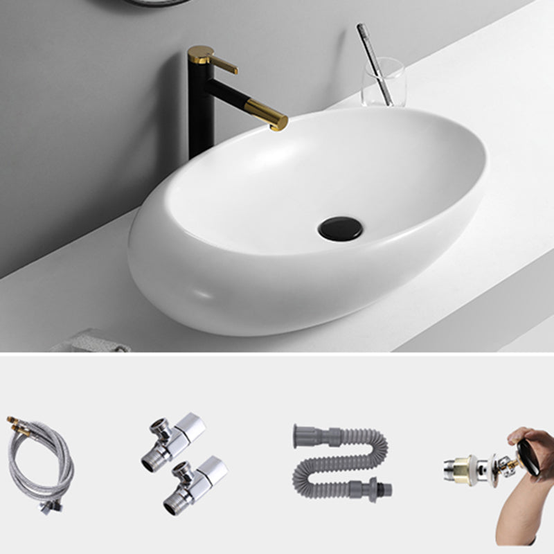 Contemporary Bathroom Sink with Pop-Up Drain Porcelain Oval-Shape Vessel Lavatory Sink