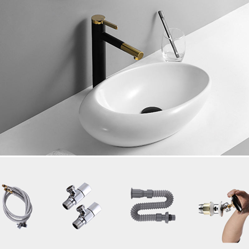 Contemporary Bathroom Sink with Pop-Up Drain Porcelain Oval-Shape Vessel Lavatory Sink