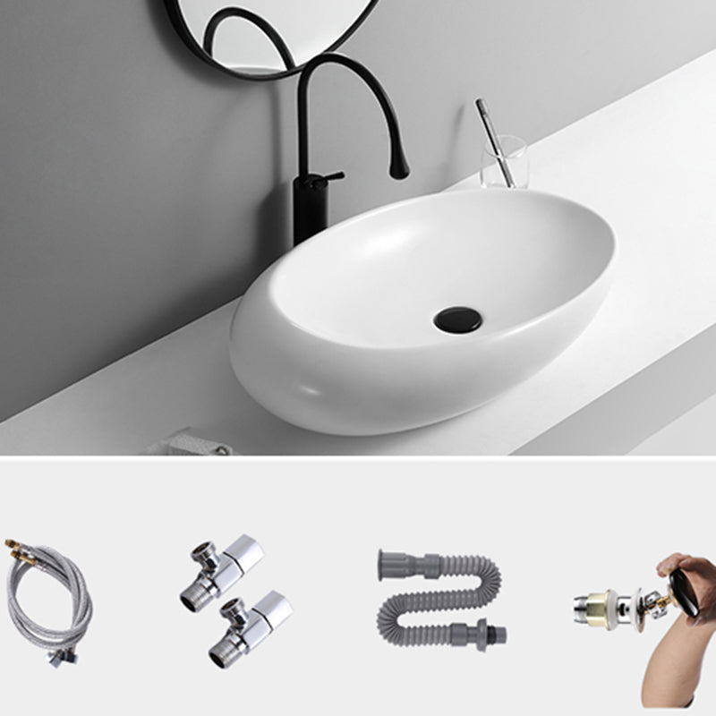 Contemporary Bathroom Sink with Pop-Up Drain Porcelain Oval-Shape Vessel Lavatory Sink