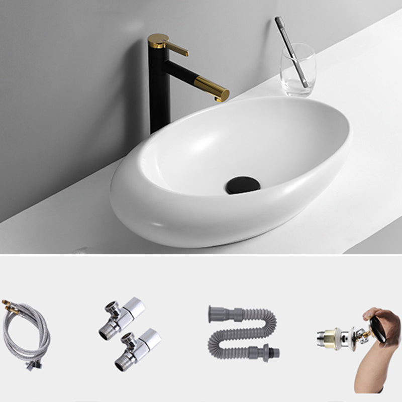 Contemporary Bathroom Sink with Pop-Up Drain Porcelain Oval-Shape Vessel Lavatory Sink