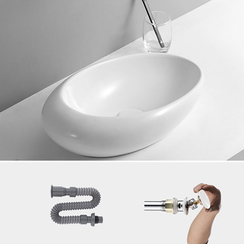 Contemporary Bathroom Sink with Pop-Up Drain Porcelain Oval-Shape Vessel Lavatory Sink