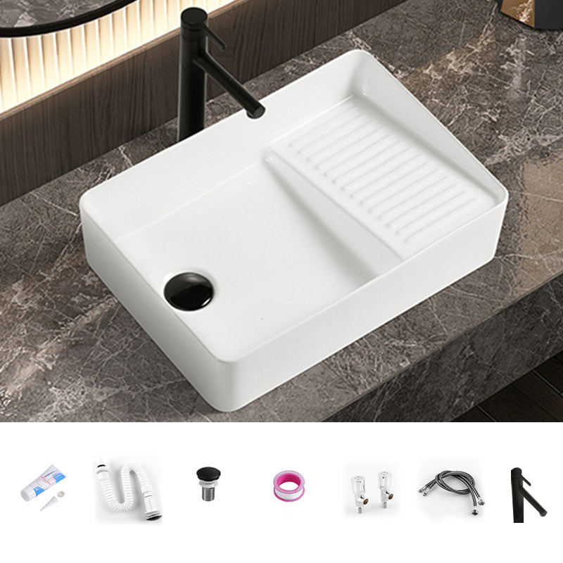 Modern Bathroom Sink Pop-Up Drain Porcelain Solid Color Rectangular Vessel Bathroom Sink