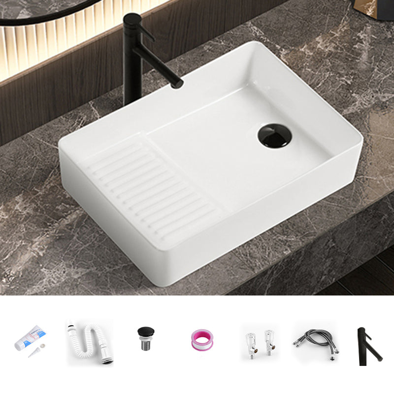 Modern Bathroom Sink Pop-Up Drain Porcelain Solid Color Rectangular Vessel Bathroom Sink