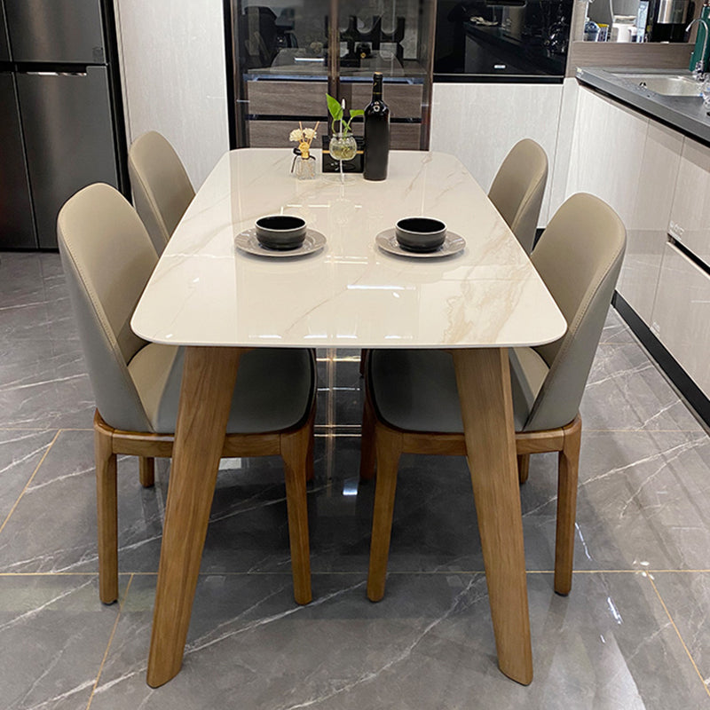Modern Rectangle Dining Table Sintered Stone Dinner Table with Wooden Legs
