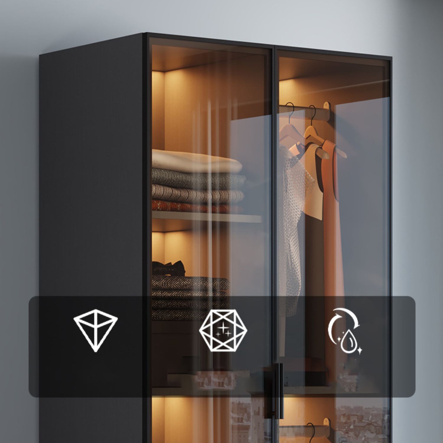 Freestanding Tempered Glass Wardrobe Modern Wardrobe with Garment Rod