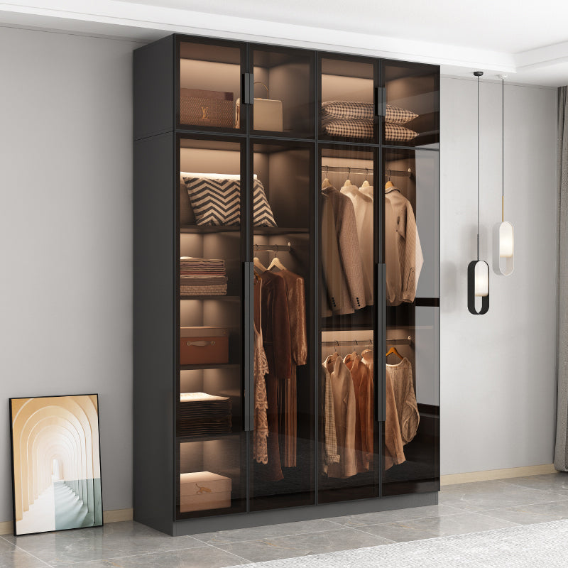 Freestanding Grey Wood Frame Wardrobe Modern Multifunctional Wardrobe with Glass Doors