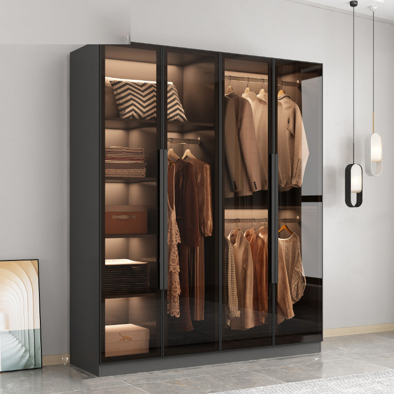 Freestanding Grey Wood Frame Wardrobe Modern Multifunctional Wardrobe with Glass Doors