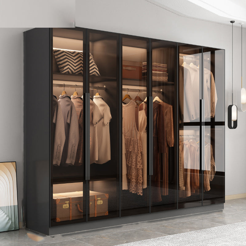Freestanding Grey Wood Frame Wardrobe Modern Multifunctional Wardrobe with Glass Doors