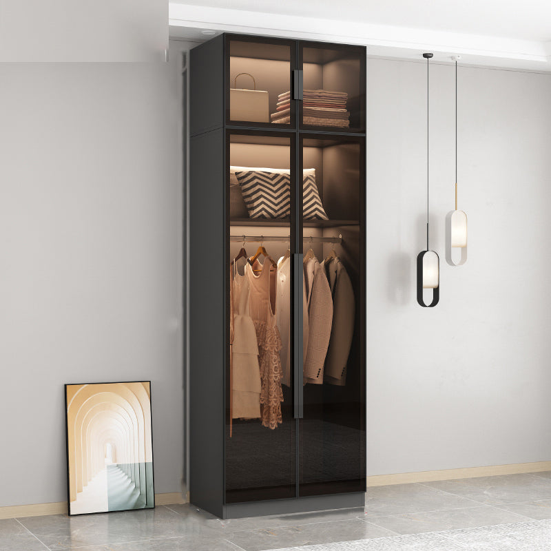 Freestanding Grey Wood Frame Wardrobe Modern Multifunctional Wardrobe with Glass Doors