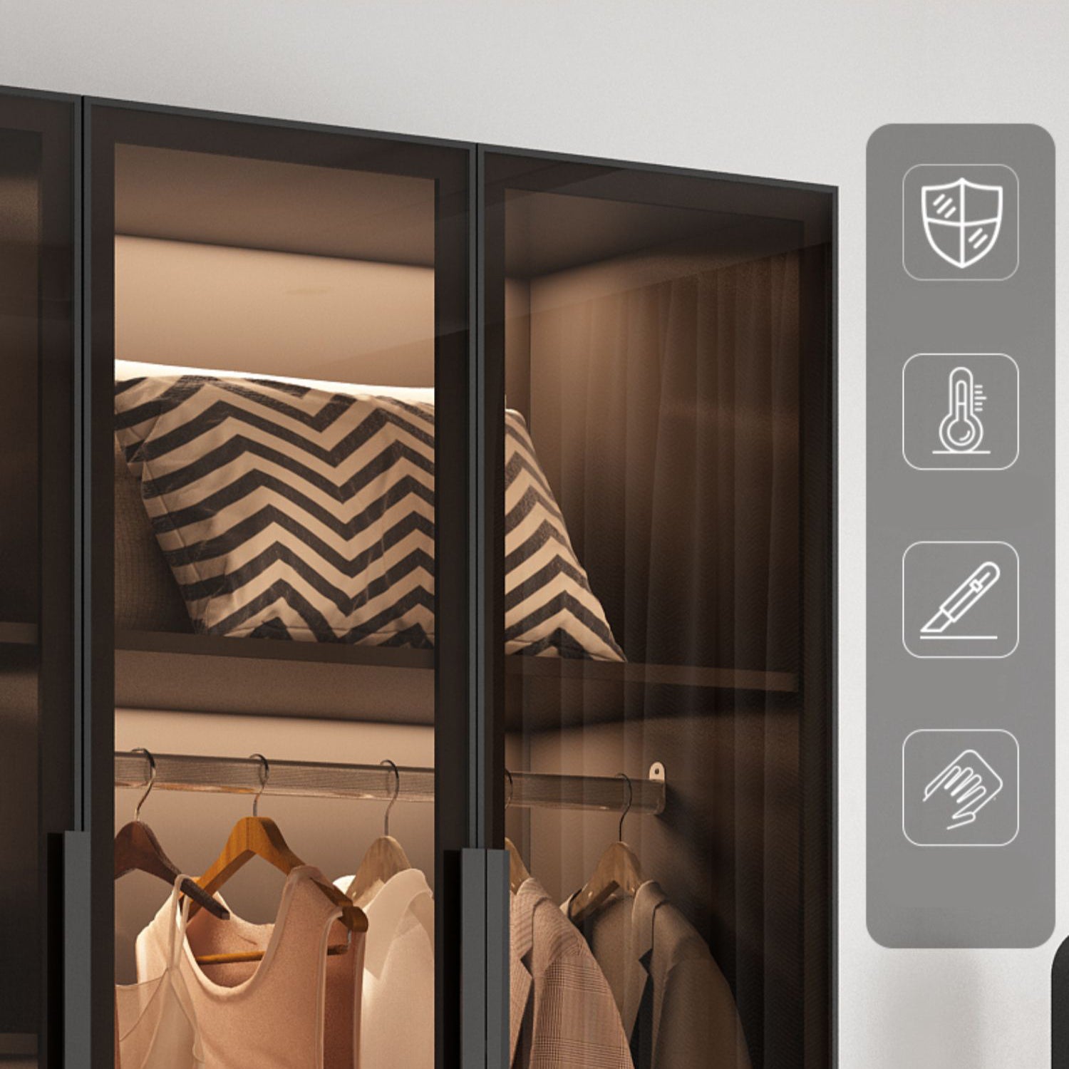 Freestanding Grey Wood Frame Wardrobe Modern Multifunctional Wardrobe with Glass Doors