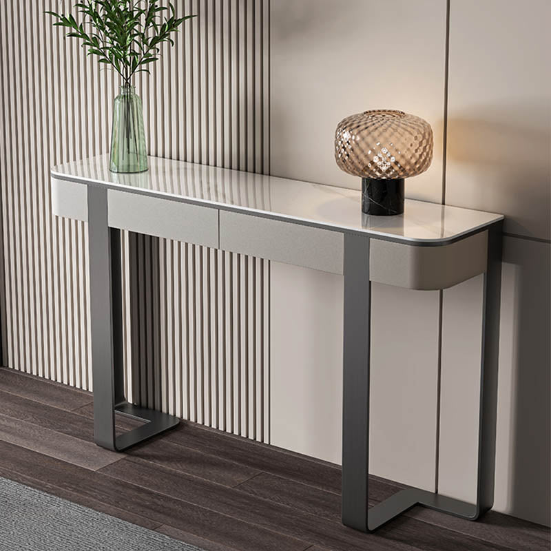 Modern Rectangular Console Table Stone Console Sofa Table in Grey/Gold