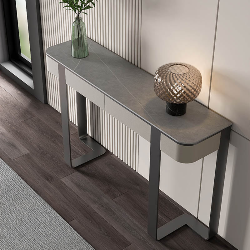 Modern Rectangular Console Table Stone Console Sofa Table in Grey/Gold