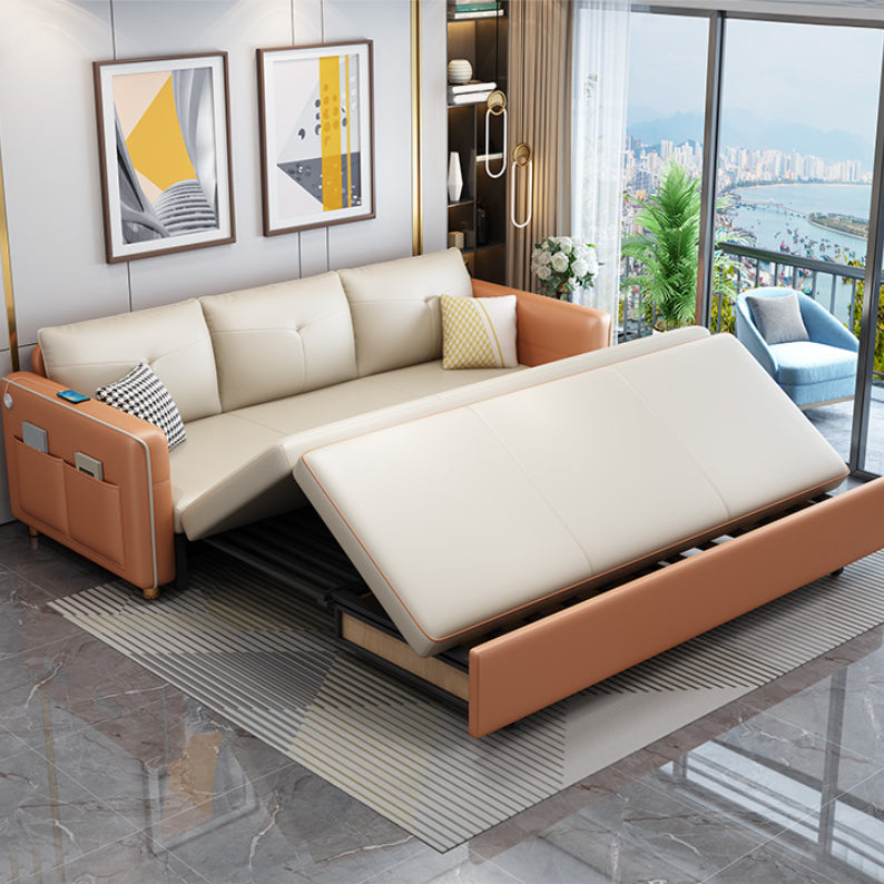 Modern Sleeper Sofa White with Storage Pillow Back Square Arms Sofa Futon