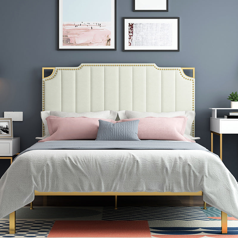 Contemporary Leather Bed Beige Upholstered Bed Frame with Nailhead Trim