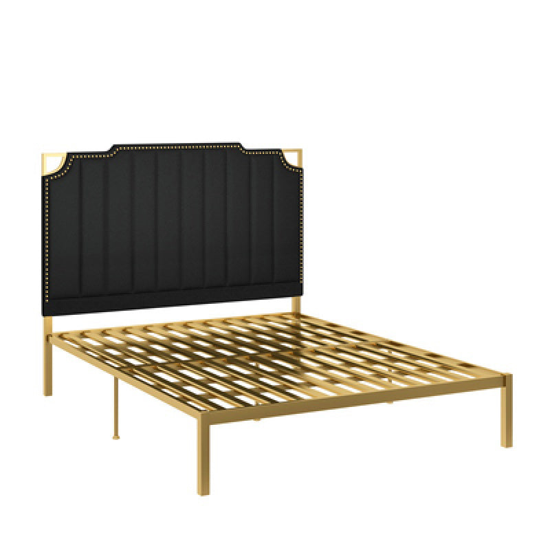 Contemporary Leather Bed Beige Upholstered Bed Frame with Nailhead Trim