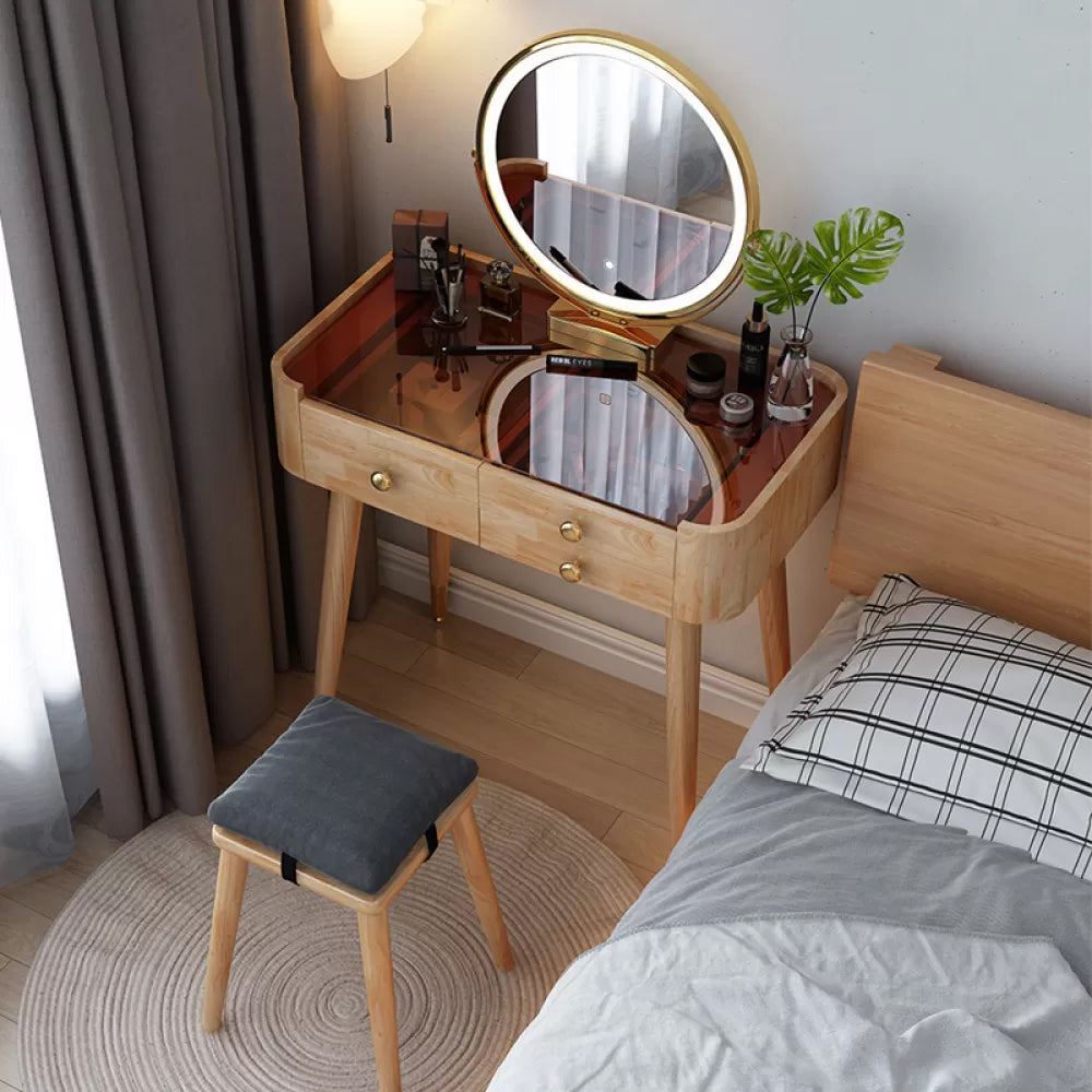 Modern Drawers Dressing Table Solid Wood Dresser Mirrored Vanity Set