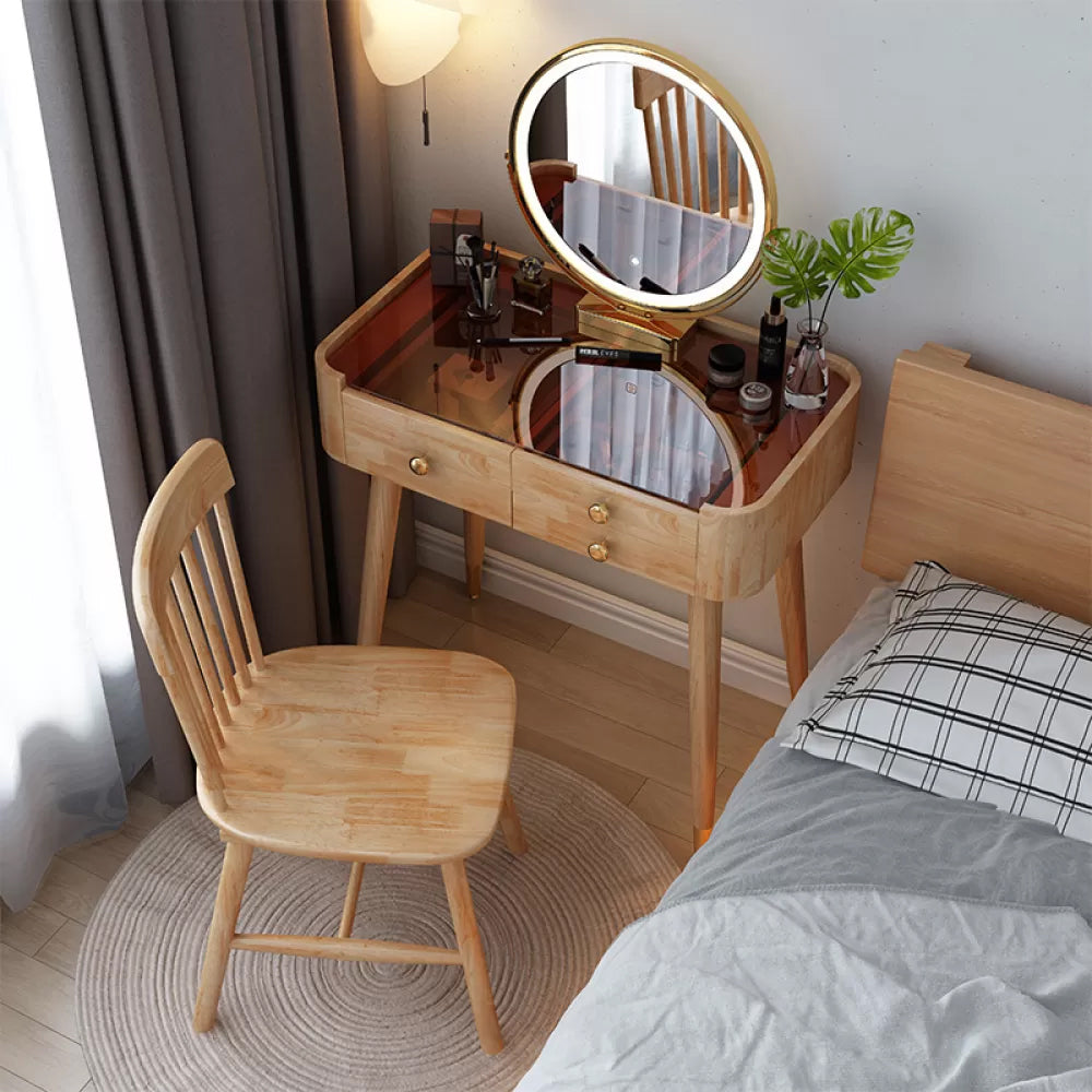 Modern Drawers Dressing Table Solid Wood Dresser Mirrored Vanity Set