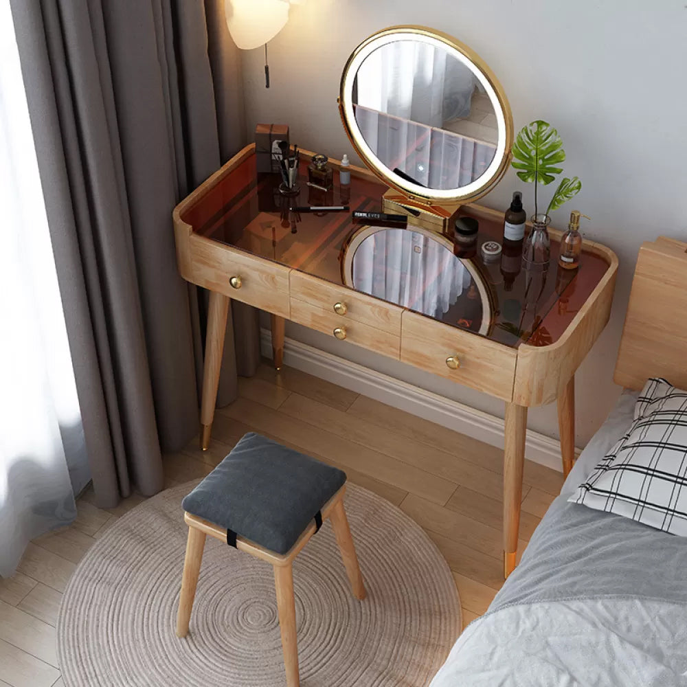 Modern Drawers Dressing Table Solid Wood Dresser Mirrored Vanity Set