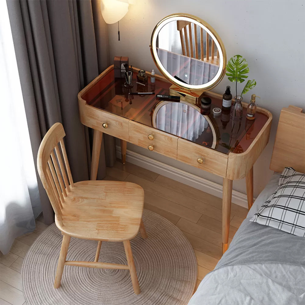 Modern Drawers Dressing Table Solid Wood Dresser Mirrored Vanity Set