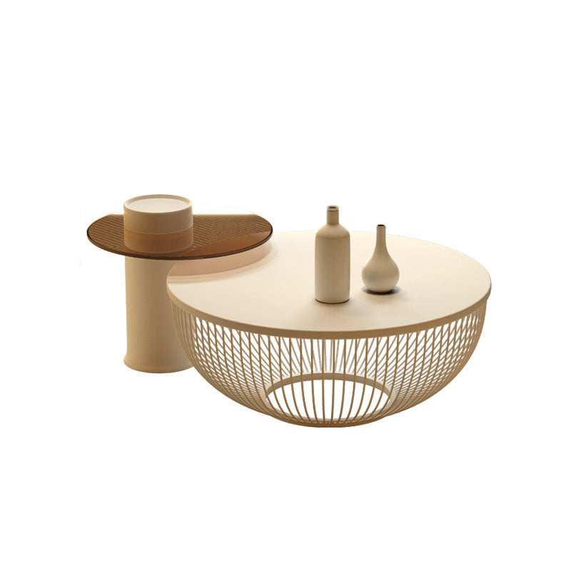 Modern Round Drum Coffee Table Metal Cocktail Table in White