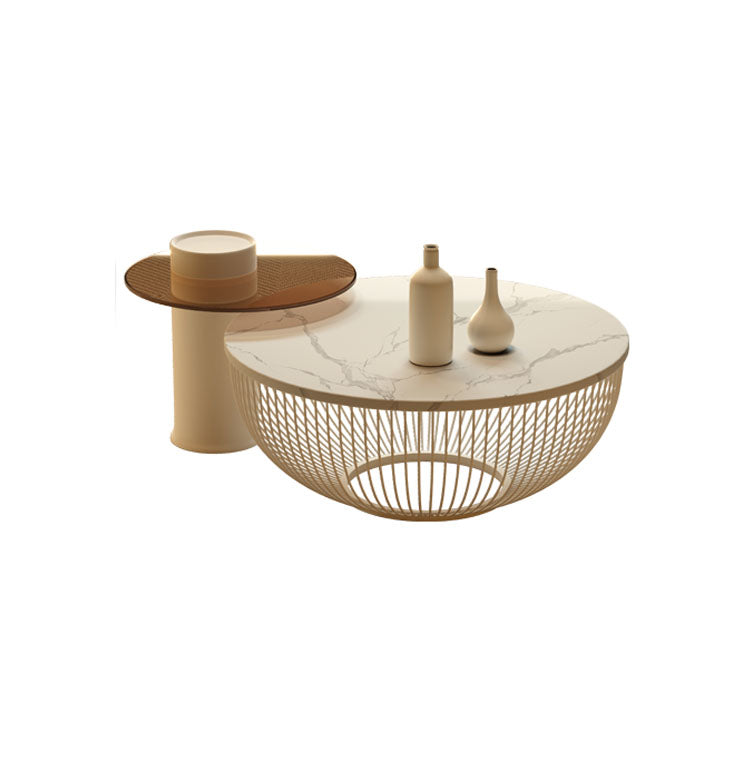 Modern Round Drum Coffee Table Metal Cocktail Table in White