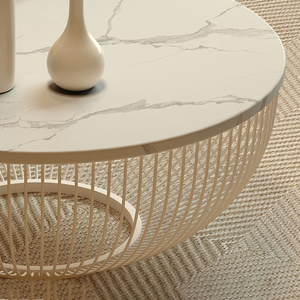 Modern Round Drum Coffee Table Metal Cocktail Table in White
