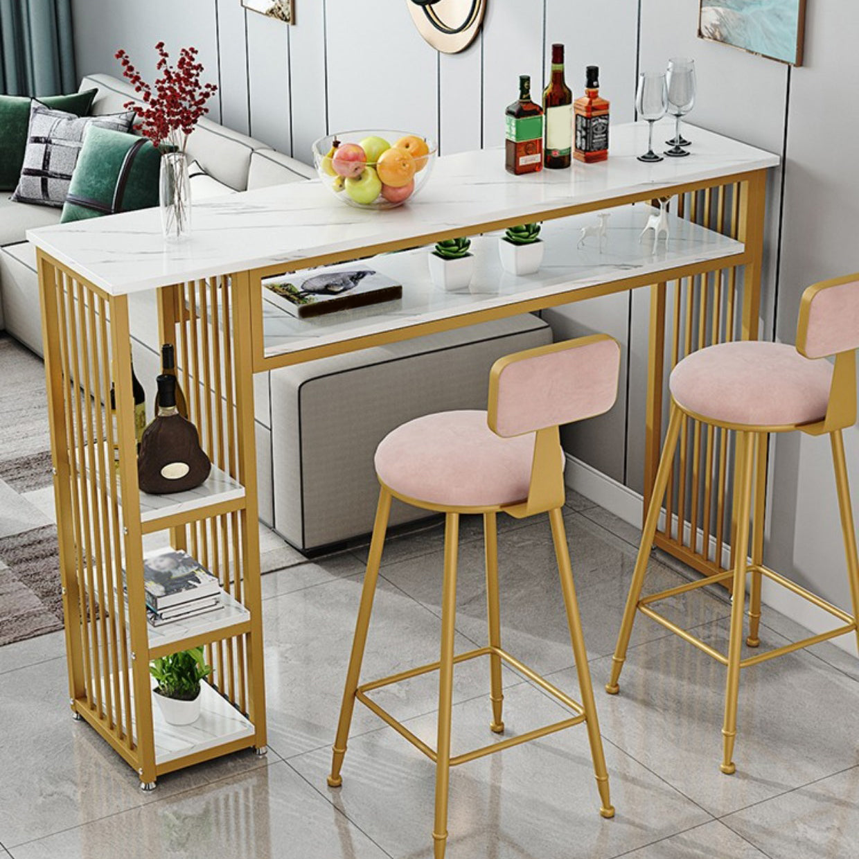 Glam Indoor Bar Dining Table Marble Rectangle Bar Stool Table