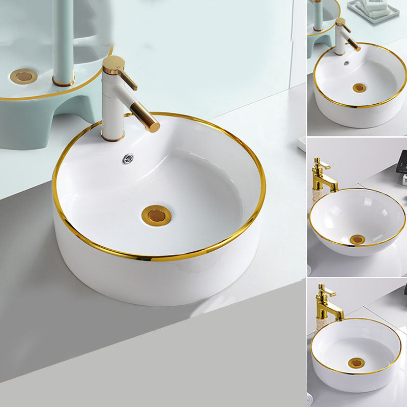 Round Bathroom Sink Ceramic Washroom Sink with Rod Handle Faucet