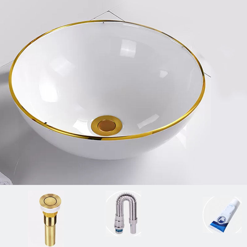 Round Bathroom Sink Ceramic Washroom Sink with Rod Handle Faucet