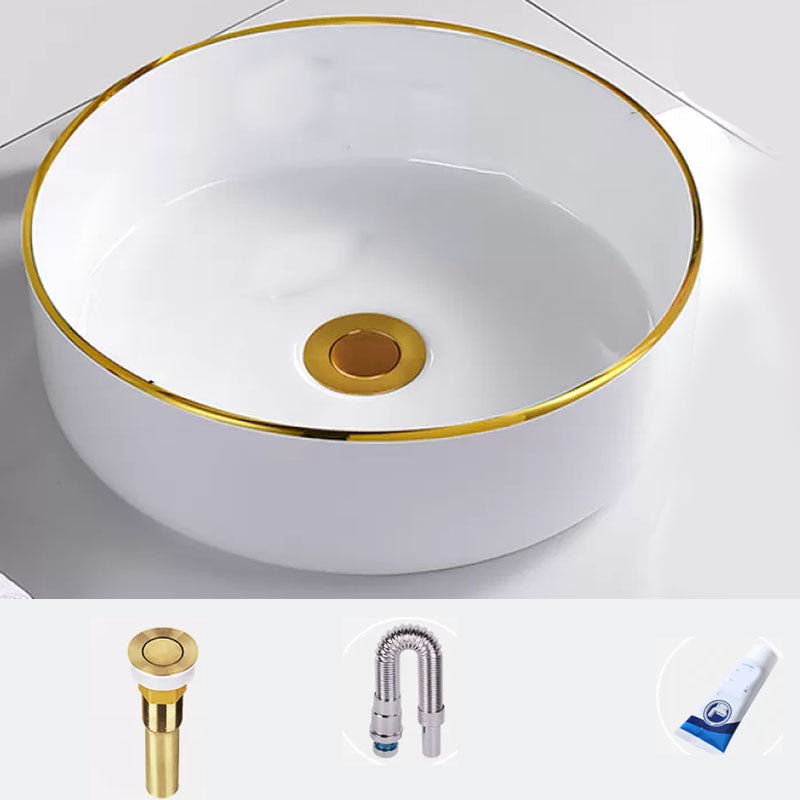 Round Bathroom Sink Ceramic Washroom Sink with Rod Handle Faucet