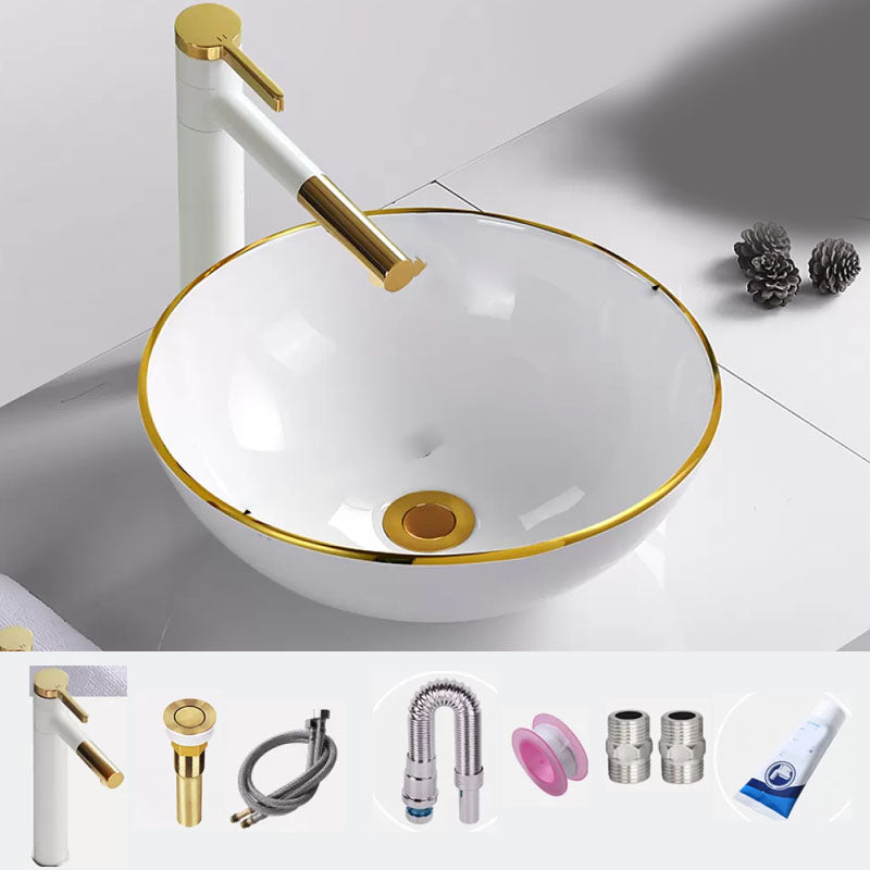 Round Bathroom Sink Ceramic Washroom Sink with Rod Handle Faucet