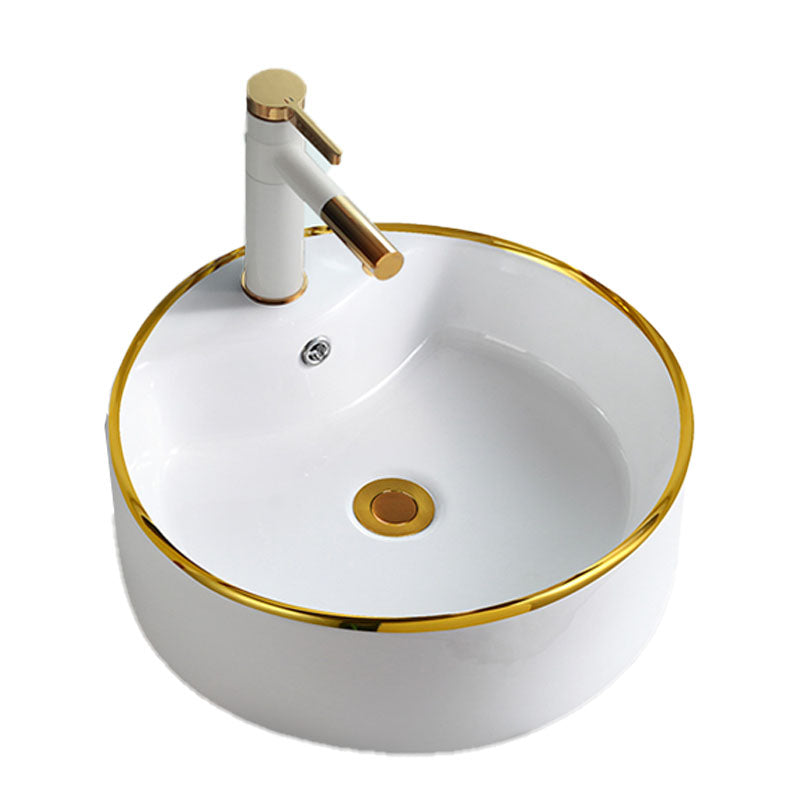 Round Bathroom Sink Ceramic Washroom Sink with Rod Handle Faucet