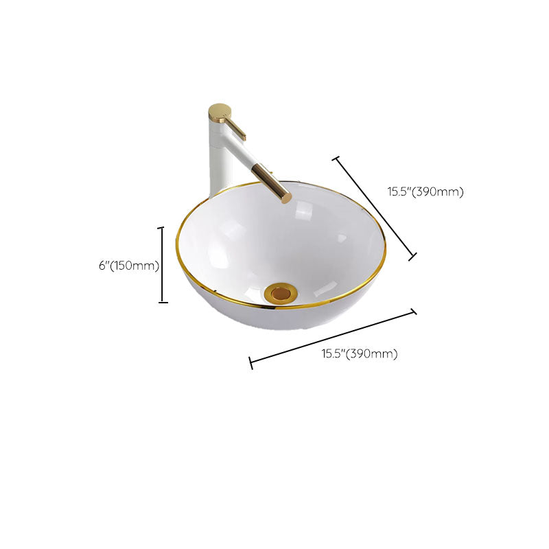 Round Bathroom Sink Ceramic Washroom Sink with Rod Handle Faucet